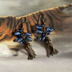 Vintage Blue Stone Antique Brass Chandelier Dangle Earrings